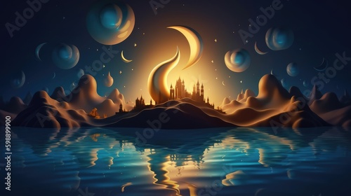 Illustration of Ramadan Kareem Background with Mosque and Moon at Night