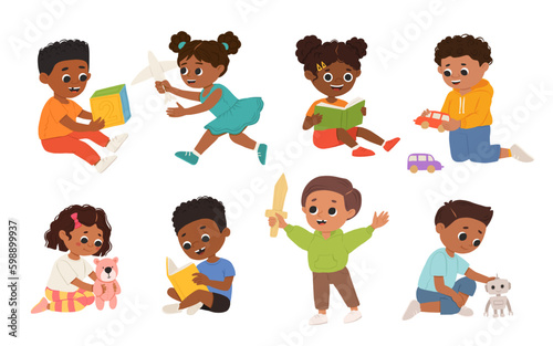 Children of color, kids play together having fun, fooling around in fine good mood, on playroom, playground. Preschool kids have fun. Children's activity in the kinder garden, primary school.