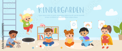 Kids play toys and games, reading books together in kindergarden. Cartoon playroom with multiracial children.
