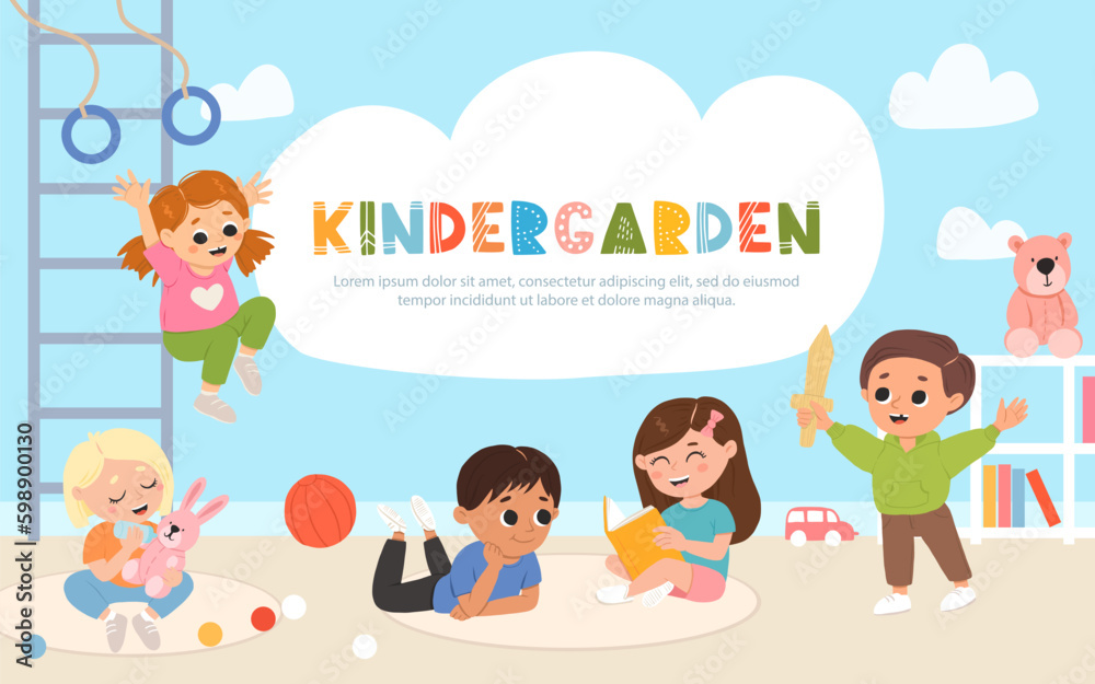 Kids playing toys and games, reading books together in kindergarden. Cartoon playroom with children. Kids playing toys and games, reading books together in kindergarden. Cartoon playroom with children.