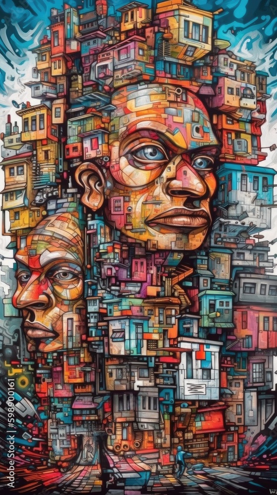 depicting a person with colorful cityscapes