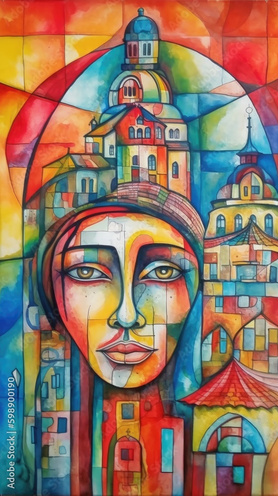 depicting a person with colorful cityscapes depicting a person with colorful cityscapes