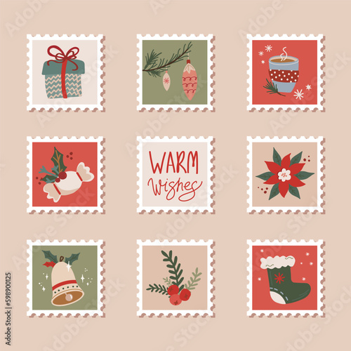 Hand drawn collection of christmas postage stamps in retro style