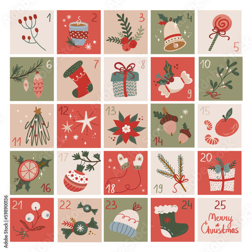 Retro Christmas advent calendar with numbers. Vector design in vintage style