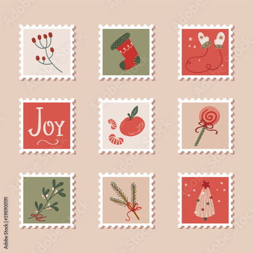 Hand drawn collection of christmas postage stamps in retro style