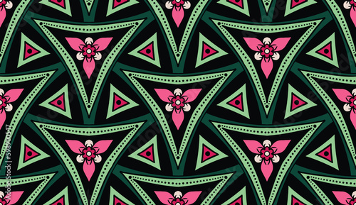 Geometric ethnic pattern seamless flower color oriental.
seamless pattern.Design for fabric,curtain,black background, carpet, shawl,clothing,wrapping, Batik,fabric,handkerchief,Vector illustration.
