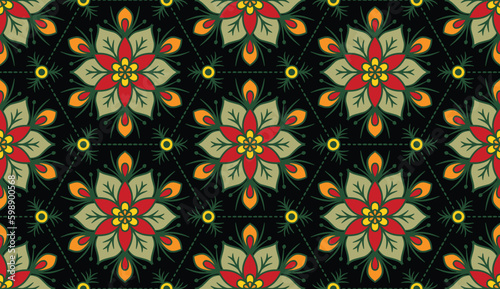 Geometric ethnic pattern seamless flower color oriental.
seamless pattern.Design for fabric,curtain,black background, carpet, shawl,clothing,wrapping, Batik,fabric,handkerchief,Vector illustration.
