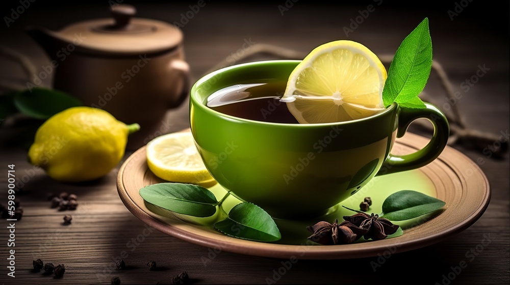 Cup of green tea with fresh lemon, Generative AI Cup of green tea with fresh lemon, Generative AI