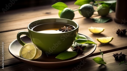 Cup of green tea with fresh lemon, Generative AI
