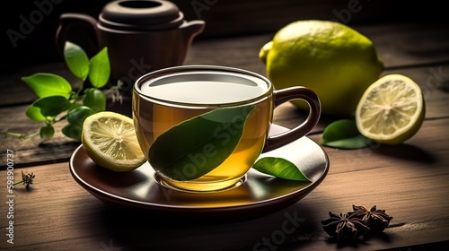 Cup of green tea with fresh lemon, Generative AI