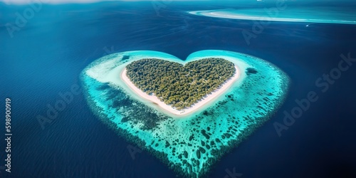 AI Generated. AI Generative. Aerial drone photo realistic illustration of island in heart shape. Paradise adventure vacation tropical vibe. Graphic Art