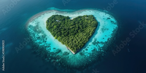 AI Generated. AI Generative. Aerial drone photo realistic illustration of island in heart shape. Paradise adventure vacation tropical vibe. Graphic Art