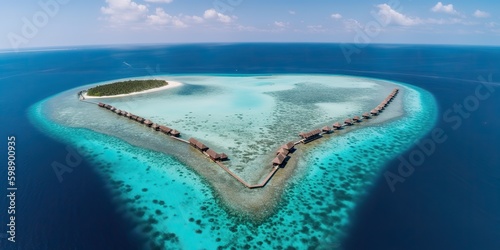 AI Generated. AI Generative. Aerial drone photo realistic illustration of island in heart shape. Paradise adventure vacation tropical vibe. Graphic Art