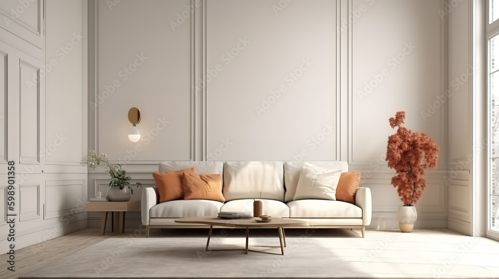 Blank wall mockup in farmhouse living room interior, 3d render. Generative Ai Blank wall mockup in farmhouse living room interior, 3d render. Generative Ai