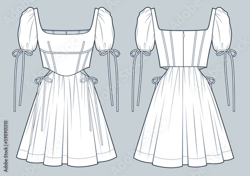 Cutout mini Dress witch Corset technical fashion Illustration. Puffed Sleeve Dress fashion flat technical drawing template, tie, square neck, zip-up, front, back view, white, women CAD mockup.
