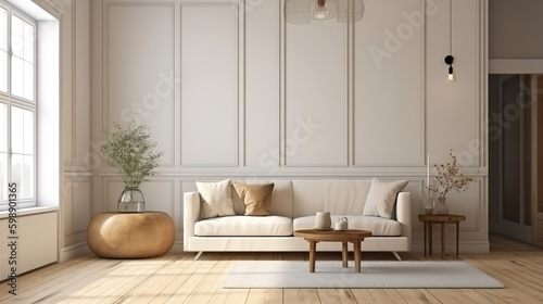 Blank wall mockup in farmhouse living room interior, 3d render. Generative Ai