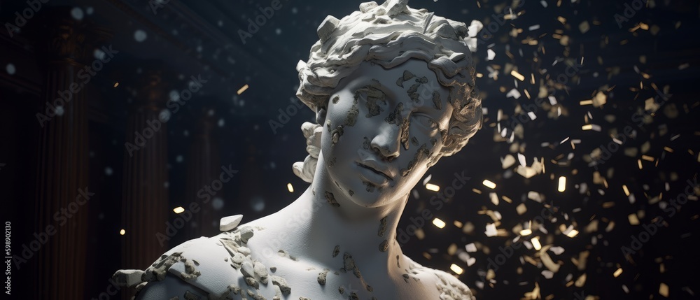 Broken ancient Greek statue head falling apart into piecesmonitors. Generative AI Broken ancient Greek statue head falling apart into piecesmonitors. Generative AI