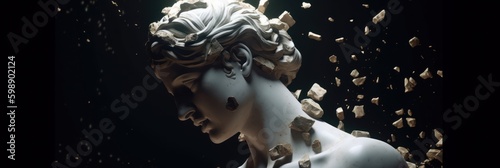 Broken ancient Greek statue head falling apart into piecesmonitors. Generative AI photo