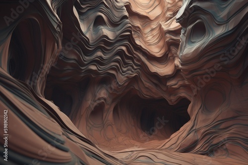 A surreal illustration of a distorted or manipulated natural surface, such as a cave or cliff face, Generative AI