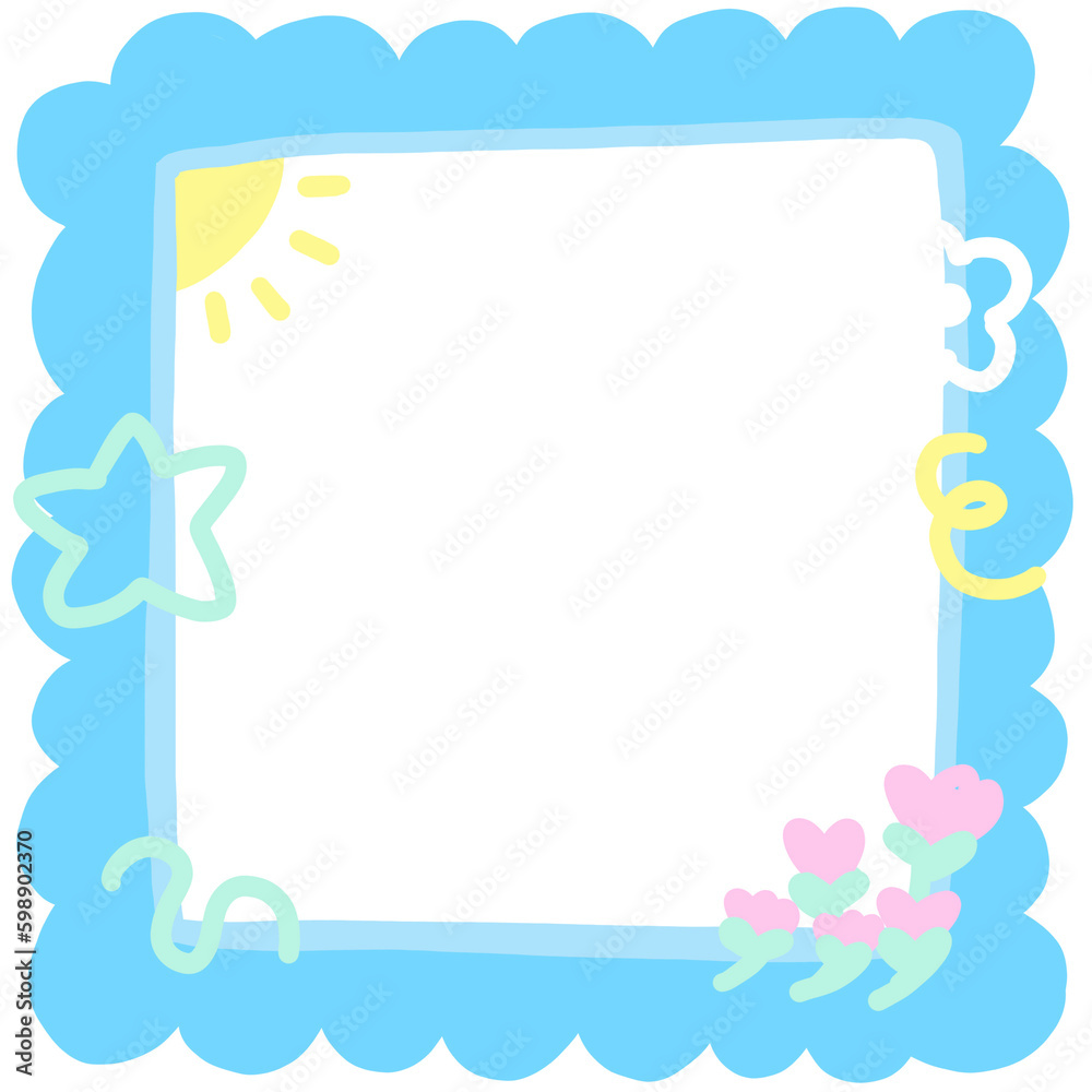 Cute doodle art hand drawn for decoration journal planner and diary note design. Cute blue frame illustration.
