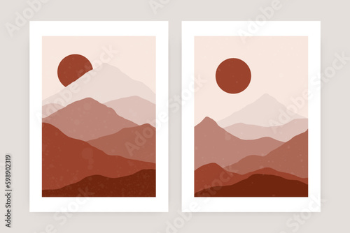 Abstract mountain landscape posters. Contemporary nature sun moon art print, boho minimalist wall decor. Vector set Generative AI © Yelyzaveta