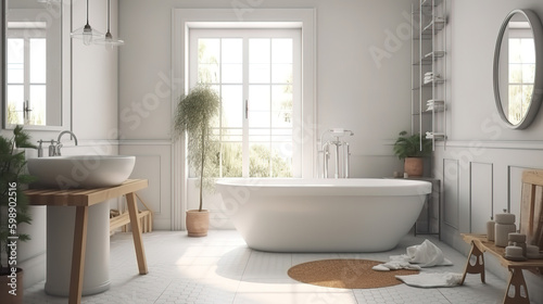 White cozy bathroom interior  farmhouse style  3d render. Generative Ai