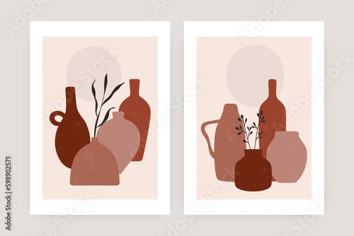 Abstract boho pottery poster. Contemporary plant vase art print, nature minimal pot branch wall decor. Vector simple set Generative AI