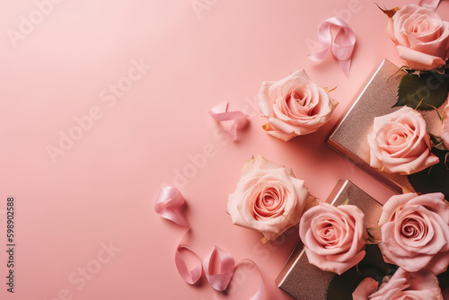 Pink Rose Delight. Pink roses  gifts  and hearts on a pink background with space for text. Romantic and celebratory concept. AI Generative