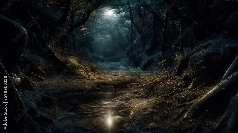 fantasy night with light moon. Generative AI fantasy night with light moon. Generative AI