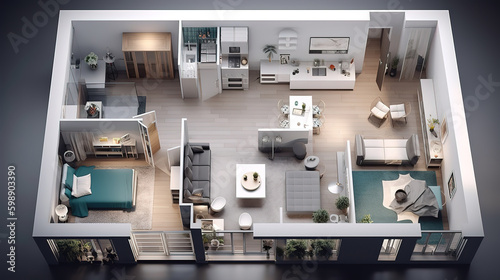 3D Floor plan of a home, 3D illustration. Open concept living apartment layout. Generative Ai