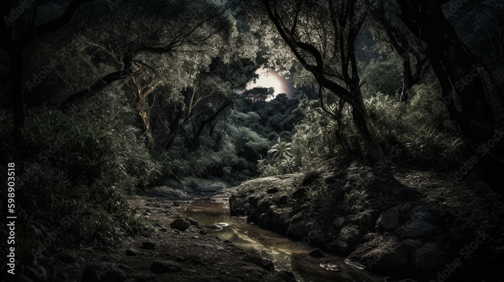 fantasy night with light moon. Generative AI fantasy night with light moon. Generative AI