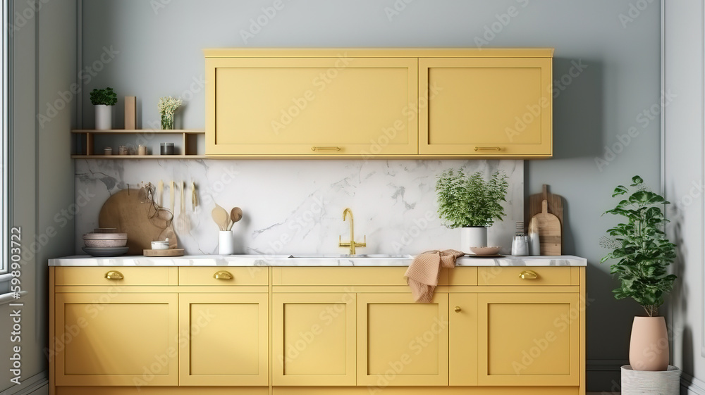 Fototapeta premium Frame mockup in farmhouse kitchen interior background. Generative Ai