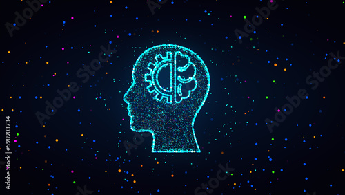 Futuristic Blue Colorful Shiny Digital Human Head Brain Icon With Square Dots And Lines Sparkle Texture