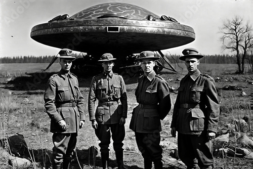 WWII soldiers standing next to a UFO. Generative AI illustration