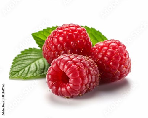 Macro shot of a fresh delicious ideal raspberry, with green leaves, isolated on a white background, photorealism, minimalism, food photography