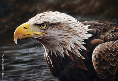 American bald eagle in water after catching a fish. AI generative illustrations