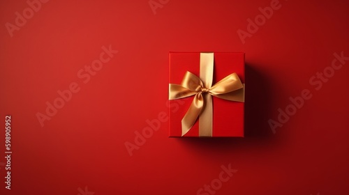 A red gift box with a golden ribbon and bow, with a blank background for copy space. Generative AI