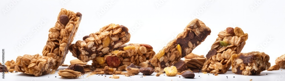 A Bunch Of Granola Bars Flying In The Airon White Background Wde Panoramic. Generative AI