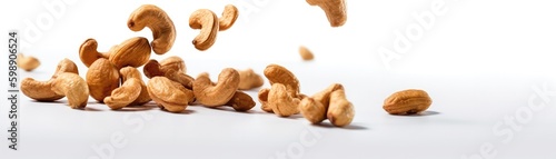 A Bunch Of Cashews Flying In The Airon White Background Wde Panoramic. Generative AI