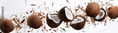 A Bunch Of Coconut Flying In The Airon White Background Wde Panoramic. Generative AI