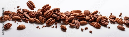 A Bunch Of Pecans Flying In The Airon White Background Wde Panoramic. Generative AI