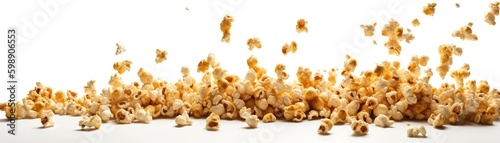 A Bunch Of Popcorn Kernels Flying In The Airon White Background Wde Panoramic. Generative AI