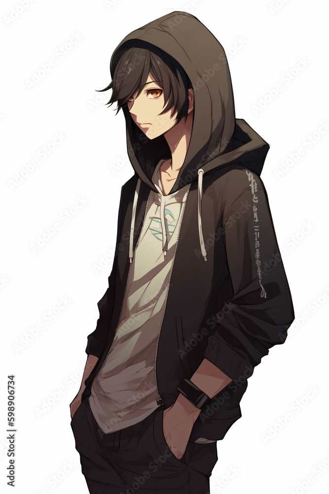Adolescent avec sweat à capuche, au regard mistique, dessin façon manga sur fond blanc, illustration ia générative Adolescent avec sweat à capuche, au regard mistique, dessin façon manga sur fond blanc, illustration ia générative