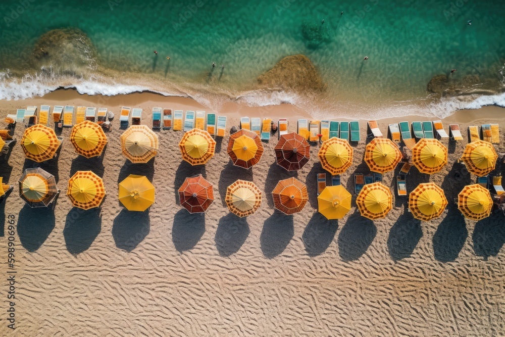 Aerial top view on the beach. Umbrellas, sand and sea waves,generative ai. - obrazy, fototapety, plakaty 