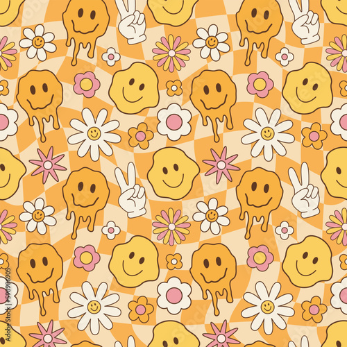 Melted smiley faces and flowers, groovy seamless pattern. Retro hippie psychedelic style vector wallpaper in 60s, 70s, 80s. Psychedelic chess board