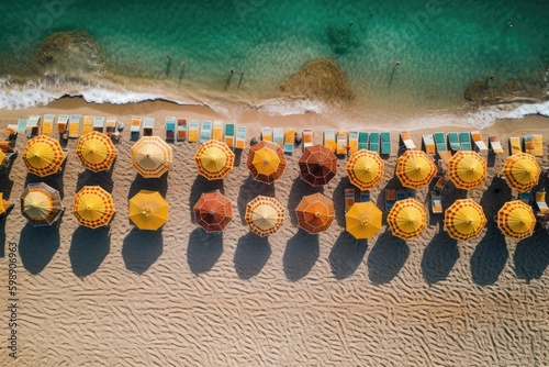 Aerial top view on the beach. Umbrellas, sand and sea waves,generative ai. photo