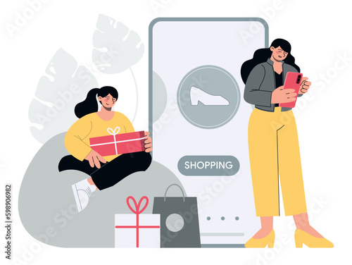 Women shopping online via smartphone. Store application. Buy and sell goods in web. Flat vector minimalist illustrations
