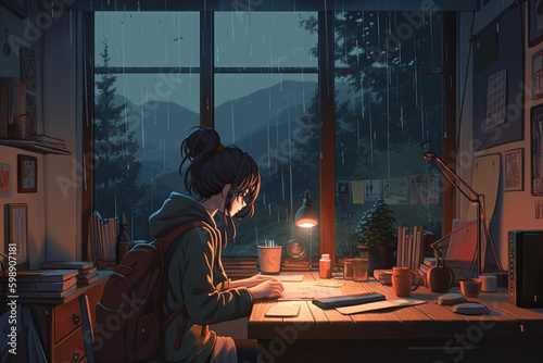 cartoon lofi young manga style girl studying while listening to music and raining in the street. Ai generative