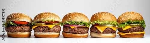 Cheeseburgers Standing On White Background Wide Panoramic. Generative AI