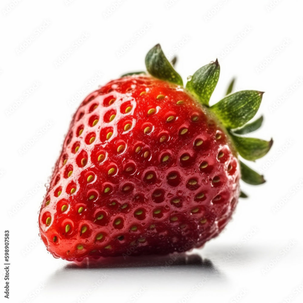 Macro shot of a fresh delicious ideal strawberry with green leaves, isolated on a white background, photorealism, minimalism, food photography Macro shot of a fresh delicious ideal strawberry with green leaves, isolated on a white background, photorealism, minimalism, food photography